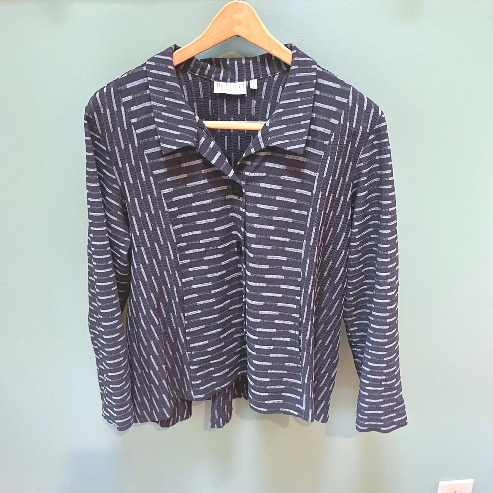 Habitat Textured Black Silver Stripe Button Front Long Sleeve Collared Top M‎